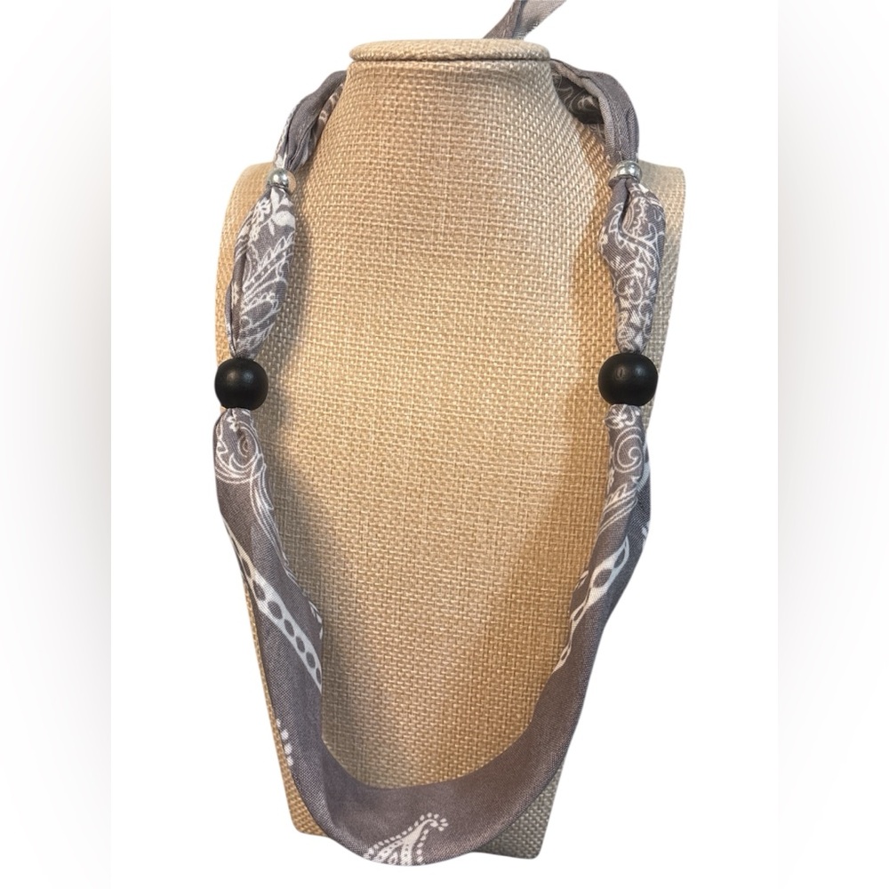 (#144) Gray Patterned Scarf Necklace with Black Beads